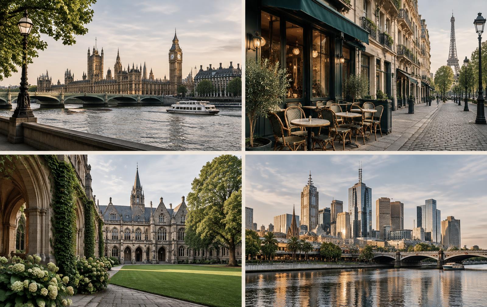 London, Paris, a European university and Melbourne destinations